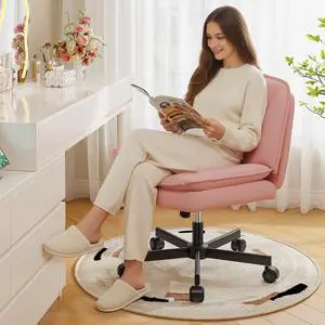 Criss Cross Office Chair with Wheels, Cross Legged Office Chair with 2 Layer Comfy Leather, Armless Wide Vanity Chair for Home Office, Pink Criss Cross Office Chair with Wheels, Cross Legged Office Chair with 2 Layer Comfy Leather, Armless Wide Vanity Chair for Home Office, Pink