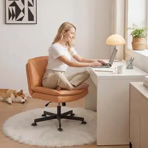 Criss Cross Office Chair with Wheels, Cross Legged Office Chair with 2 Layer Comfy Leather & Back, Armless Wide Vanity Chair for Home Office, Orange Criss Cross Office Chair with Wheels, Cross Legged Office Chair with 2 Layer Comfy Leather & Back, Armless Wide Vanity Chair for Home Office, Orange