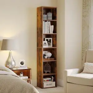 Narrow Bookshelf, 6-Tier Open Bookcase, Coner Shelf, Storage Shelves, Display Storage Shelves, Floor Standing Unit, Home Decor, Furniture for Home Office, Living Room, Bedroom, Brown Narrow Bookshelf, 6-Tier Open Bookcase, Coner Shelf, Storage Shelves, Display Storage Shelves, Floor Standing Unit, Home Decor, Furniture for Home Office, Living Room, Bedroom, Brown