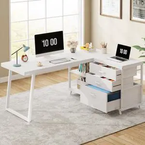 L-Shaped Computer Desk with 3 Drawers, Reversible Corner Home Office Desk with Shelves, 53-Inch Industrial PC Desk Study Writing Table Workstation for Small Space, White L-Shaped Computer Desk with 3 Drawers, Reversible Corner Home Office Desk with Shelves, 53-Inch Industrial PC Desk Study Writing Table Workstation for Small Space, White