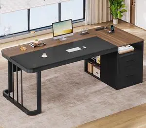 70.9" Executive Desk with Power Outlet, Large Office Desk with Drawers & Lateral File Cabinet, Long Computer Desk with Adjustable Storage Shelves, Modern Workstation Business Furniture (Walnut) 70.9" Executive Desk with Power Outlet, Large Office Desk with Drawers & Lateral File Cabinet, Long Computer Desk with Adjustable Storage Shelves, Modern Workstation Business Furniture (Walnut)