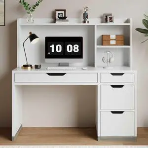 White Desk with Hutch and Drawers, 53 Inch Computer Desk with Storage File Drawer, White Study Desk with 4 Drawers for Bedroom, Small Space White Desk with Hutch and Drawers, 53 Inch Computer Desk with Storage File Drawer, White Study Desk with 4 Drawers for Bedroom, Small Space