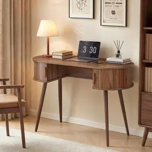 43" Oval Fluted Home Office Desk, Small Computer Desk Mid Century Modern Vanity Table with Sliding Tambour Door, Wooden Writing Study Desk for Small Spaces, Bedroom, Office(Wlanut) 43" Oval Fluted Home Office Desk, Small Computer Desk Mid Century Modern Vanity Table with Sliding Tambour Door, Wooden Writing Study Desk for Small Spaces, Bedroom, Office(Wlanut)