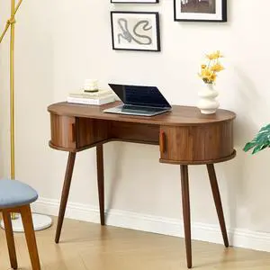 Mid-Century 43" Small Wood Desk, Home Office Writing Desk with Storage, Unique Design Fluted Vanity Table Desk for Bedroom, Study Room Mid-Century 43" Small Wood Desk, Home Office Writing Desk with Storage, Unique Design Fluted Vanity Table Desk for Bedroom, Study Room