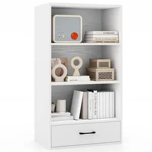 3 Tier Bookcase with Drawer, 42.5Tall Freestanding Bookshelf with 3 Open Shelves & 1 Drawer, Anti-toppling Devices, Modern Display Storage Organizer for Home Office (White, 42.5" H) 3 Tier Bookcase with Drawer, 42.5Tall Freestanding Bookshelf with 3 Open Shelves & 1 Drawer, Anti-toppling Devices, Modern Display Storage Organizer for Home Office (White, 42.5" H)