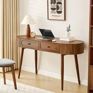 Mid-Century 59" Wood Writing Desk, Home Office Computer Laptop Desk with 2 Flip Storage Space + 2 Drawer, 150 CM Elegant Fluted Vanity Table Multifunctional Study Desk for Office, Bedroom (Wlanut) Mid-Century 59" Wood Writing Desk, Home Office Computer Laptop Desk with 2 Flip Storage Space + 2 Drawer, 150 CM Elegant Fluted Vanity Table Multifunctional Study Desk for Office, Bedroom (Wlanut)