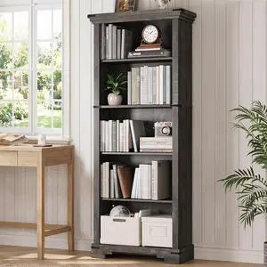 5-Tier Farmhouse Bookshelf, 61.1 inch Tall Bookcase with Storage & Unique Design & One Adjustable Shelf, Wooden Bookshelf for Study Room, Living Room, Home Office, Bedroom (Black) 5-Tier Farmhouse Bookshelf, 61.1 inch Tall Bookcase with Storage & Unique Design & One Adjustable Shelf, Wooden Bookshelf for Study Room, Living Room, Home Office, Bedroom (Black)