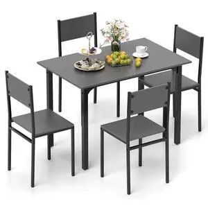 5-Piece Dining Table Set for 4, High-Back Chairs, Grey | Metal Frame, Adjustable Footpads, Rustic Industrial, Space-Saving for Small Apartment & Breakfast Nook 5-Piece Dining Table Set for 4, High-Back Chairs, Grey | Metal Frame, Adjustable Footpads, Rustic Industrial, Space-Saving for Small Apartment & Breakfast Nook