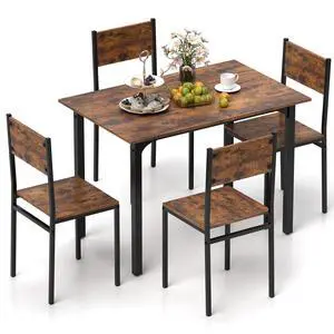 5-Piece Dining Table Set for 4, High-Back Chairs, Rustic Brown | Metal Frame, Adjustable Footpads, Rustic Industrial, Space-Saving for Small Apartment & Breakfast Nook 5-Piece Dining Table Set for 4, High-Back Chairs, Rustic Brown | Metal Frame, Adjustable Footpads, Rustic Industrial, Space-Saving for Small Apartment & Breakfast Nook