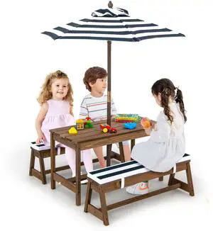 Kids Picnic Table, Outdoor Toddler Table and Bench Set with Removable Umbrella & Cushions, Wooden Outdoor Kids Furniture Set, Gift for Toddler Aged 3-8, Blue Kids Picnic Table, Outdoor Toddler Table and Bench Set with Removable Umbrella & Cushions, Wooden Outdoor Kids Furniture Set, Gift for Toddler Aged 3-8, Blue