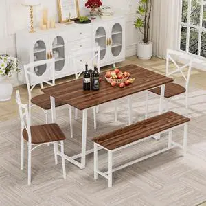 6 Pieces Dining Set 6-Piece Kitchen Table Set Perfect, Easy Assembly Seater for Indoor Home, Dinner, Kitchen, Dark Walnut(1 Table+4Chair+1Stool 6 Pieces Dining Set 6-Piece Kitchen Table Set Perfect, Easy Assembly Seater for Indoor Home, Dinner, Kitchen, Dark Walnut(1 Table+4Chair+1Stool