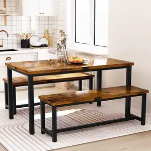 Dining Room Table Set with 2 Benches, Farmhouse Dining Table Set for 4, Wood Breakfast Dinner Table Set Kitchen Table and Benches for Breakfast Nook Small Spaces, Brown Dining Room Table Set with 2 Benches, Farmhouse Dining Table Set for 4, Wood Breakfast Dinner Table Set Kitchen Table and Benches for Breakfast Nook Small Spaces, Brown