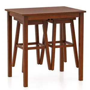 Bar Table and Chairs Set - 3-Piece Counter Height Dining Table Set with Hangable Bar Stools, Wood Veneered Tabletop, Rubber Wood Legs, Space Saving Dinette Set, Breakfast Nook Table Set, Brown Bar Table and Chairs Set - 3-Piece Counter Height Dining Table Set with Hangable Bar Stools, Wood Veneered Tabletop, Rubber Wood Legs, Space Saving Dinette Set, Breakfast Nook Table Set, Brown