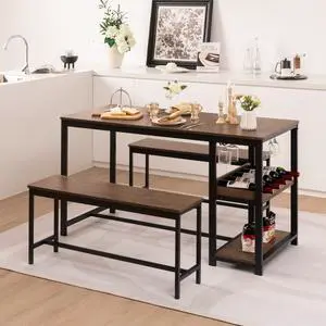 Dining Table Set for 4, 3-Piece 55" L Kitchen Table Set w/ 2 Benches, Breakfast Table w/ 5-Bottle Wine Rack & Glass Holder, Space-Saving Dinette Set for Dining Room, Kitchen, Apartment Dining Table Set for 4, 3-Piece 55" L Kitchen Table Set w/ 2 Benches, Breakfast Table w/ 5-Bottle Wine Rack & Glass Holder, Space-Saving Dinette Set for Dining Room, Kitchen, Apartment