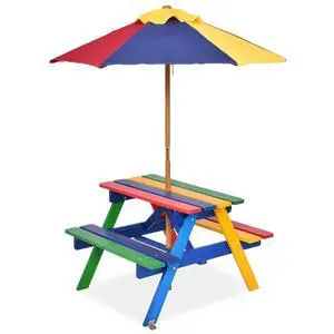 Kids Picnic Table Set w/Removable & Foldable Umbrella, Outside Table Set with Benches, Wooden Table and Bench Set for Toddler Boys Girls (Colorful) Kids Picnic Table Set w/Removable & Foldable Umbrella, Outside Table Set with Benches, Wooden Table and Bench Set for Toddler Boys Girls (Colorful)