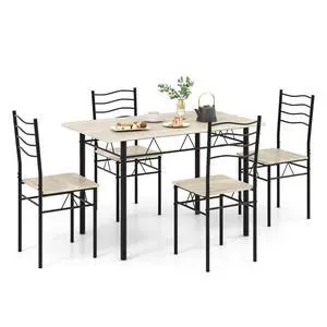 5 Piece Dining Set, 47.5 inch Kitchen Table and Chairs Set of 4, Space-Saving Dinette Dinner Table, Dining Room Table Set for 4 with Highback Chairs, Beech 5 Piece Dining Set, 47.5 inch Kitchen Table and Chairs Set of 4, Space-Saving Dinette Dinner Table, Dining Room Table Set for 4 with Highback Chairs, Beech