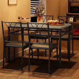 Dining Table Set for 4, Kitchen Table and Chairs for 4, Rectangular Kitchen Table Set with Upholstered Chairs, Dining Room Table Set for Small Space, Apartment, Dinner, Retro Gray Dining Table Set for 4, Kitchen Table and Chairs for 4, Rectangular Kitchen Table Set with Upholstered Chairs, Dining Room Table Set for Small Space, Apartment, Dinner, Retro Gray