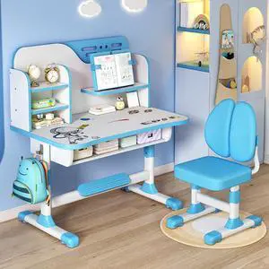 Kids Desk and Chair Set, Height Adjustable Kids Art Desk, Ergonomic Study Table for Kids, Childrens Table and Chair Set with Cartoon Pattern, Drawer, Bookshelf, Spacious Table for Kids Blue Kids Desk and Chair Set, Height Adjustable Kids Art Desk, Ergonomic Study Table for Kids, Childrens Table and Chair Set with Cartoon Pattern, Drawer, Bookshelf, Spacious Table for Kids Blue