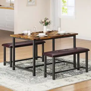 Dining Table Set for 4, Kitchen Table with 2 Upholstered Benches, Rectangular Dining Room Table Set, 3 Piece Kitchen Table Set for Small Space, Apartment, Studio, Home, Rustic Brown Dining Table Set for 4, Kitchen Table with 2 Upholstered Benches, Rectangular Dining Room Table Set, 3 Piece Kitchen Table Set for Small Space, Apartment, Studio, Home, Rustic Brown