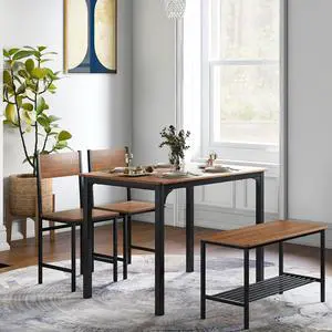 Moccha Dining Table Set for 4, Wooden Kitchen Table with with 2 Chairs and a Long Bench, Modern 4-Piece Dinette with Metal Frame & Storage Rack, Space-Saving Table Set for Dining Room, Teak Moccha Dining Table Set for 4, Wooden Kitchen Table with with 2 Chairs and a Long Bench, Modern 4-Piece Dinette with Metal Frame & Storage Rack, Space-Saving Table Set for Dining Room, Teak