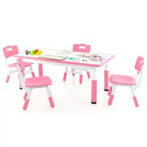 Kids Table and Chair Set, Height Adjustable Children Activity Table and 4 Chairs Set w/Erasable Graffiti Desktop, Toddler Table and Chair Set for Daycare, Classroom, Home (Pink) Kids Table and Chair Set, Height Adjustable Children Activity Table and 4 Chairs Set w/Erasable Graffiti Desktop, Toddler Table and Chair Set for Daycare, Classroom, Home (Pink)