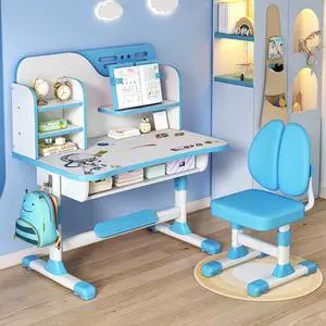 2Pcs/Set Kids Study Desk and Chair Set, Multi Functional Height Adjustable Children School Study Desk with Astronaut Pattern, Ergonomic Desk Chair with Large Writing Board, Bookshelf and Drawer (Blue) 2Pcs/Set Kids Study Desk and Chair Set, Multi Functional Height Adjustable Children School Study Desk with Astronaut Pattern, Ergonomic Desk Chair with Large Writing Board, Bookshelf and Drawer (Blue)