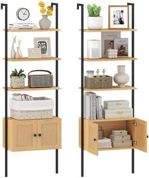 Ladder Bookshelf with Rattan Cabinet Set of 2, 5-Tier Tall Wall-Mounted Bookcase with Metal Frame, 72.5" Boho Open Display Shelf Storage Organizer for Living Room, Study, Home Office, Natural Ladder Bookshelf with Rattan Cabinet Set of 2, 5-Tier Tall Wall-Mounted Bookcase with Metal Frame, 72.5" Boho Open Display Shelf Storage Organizer for Living Room, Study, Home Office, Natural
