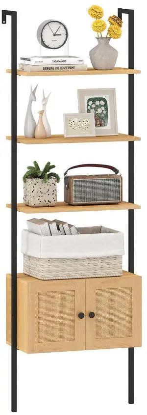 Ladder Bookshelf with Rattan Cabinet, 5-Tier Tall Wall-Mounted Bookcase with Metal Frame, 72.5" Boho Open Display Shelf Storage Organizer for Living Room, Study, Home Office, Natural Ladder Bookshelf with Rattan Cabinet, 5-Tier Tall Wall-Mounted Bookcase with Metal Frame, 72.5" Boho Open Display Shelf Storage Organizer for Living Room, Study, Home Office, Natural