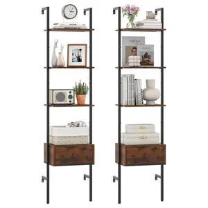 5-Tier Ladder Bookcase with Drawer, 70" Tall Wall-Mounted Bookshelf with Metal Frame, Industrial Open Display Shelf Storage Organizer for Living Room, Study, Home Office, Rustic Brown (2) 5-Tier Ladder Bookcase with Drawer, 70" Tall Wall-Mounted Bookshelf with Metal Frame, Industrial Open Display Shelf Storage Organizer for Living Room, Study, Home Office, Rustic Brown (2)