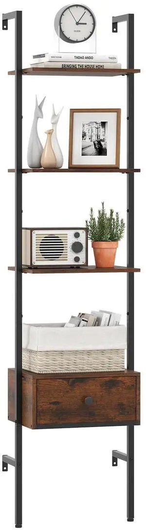 5-Tier Ladder Bookcase with Drawer, 70" Tall Wall-Mounted Bookshelf with Metal Frame, Industrial Open Display Shelf Storage Organizer for Living Room, Study, Home Office, Rustic Brown (1) 5-Tier Ladder Bookcase with Drawer, 70" Tall Wall-Mounted Bookshelf with Metal Frame, Industrial Open Display Shelf Storage Organizer for Living Room, Study, Home Office, Rustic Brown (1)