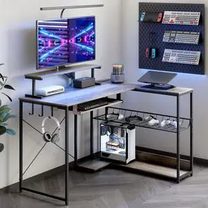 Computer Desk, L Shaped Gaming Desk with Monitor Stand & Storage Shelf & LED Light & USB Power Outlet, Reversible Shelves Corner Table with Keyboard Tray for Gaming, Home Office, Study Computer Desk, L Shaped Gaming Desk with Monitor Stand & Storage Shelf & LED Light & USB Power Outlet, Reversible Shelves Corner Table with Keyboard Tray for Gaming, Home Office, Study