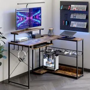 Computer Desk, L Shaped Gaming Desk with Monitor Stand & Storage Shelf & LED Light & USB Power Outlet, Reversible Shelves Corner Table with Keyboard Tray for Gaming, Home Office, Study Computer Desk, L Shaped Gaming Desk with Monitor Stand & Storage Shelf & LED Light & USB Power Outlet, Reversible Shelves Corner Table with Keyboard Tray for Gaming, Home Office, Study