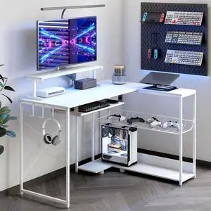 Computer Desk, L Shaped Gaming Desk with Monitor Stand & Storage Shelf & LED Light & USB Power Outlet, Reversible Shelves Corner Table with Keyboard Tray for Gaming, Home Office, Study Computer Desk, L Shaped Gaming Desk with Monitor Stand & Storage Shelf & LED Light & USB Power Outlet, Reversible Shelves Corner Table with Keyboard Tray for Gaming, Home Office, Study