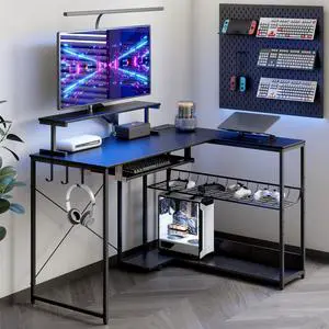 Computer Desk, L Shaped Gaming Desk with Monitor Stand & Storage Shelf & LED Light & USB Power Outlet, Reversible Shelves Corner Table with Keyboard Tray for Gaming, Home Office, Study Computer Desk, L Shaped Gaming Desk with Monitor Stand & Storage Shelf & LED Light & USB Power Outlet, Reversible Shelves Corner Table with Keyboard Tray for Gaming, Home Office, Study