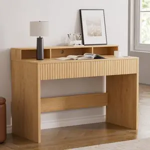 47" Fluted Office Desk with Storage Shelf, Modern Wood Executive Desk with Long Monitor Stand & 2 Drawers, Home Writing Study Computer Table Vanity Desk, Natural Oak 47" Fluted Office Desk with Storage Shelf, Modern Wood Executive Desk with Long Monitor Stand & 2 Drawers, Home Writing Study Computer Table Vanity Desk, Natural Oak