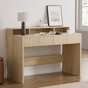 Fluted Executive Desk with Storage Shelf, 47" Modern Wood Home Office Desk with Long Monitor Stand & 2 Drawers, Writing Study Computer Table Vanity Desks, Light Oak Fluted Executive Desk with Storage Shelf, 47" Modern Wood Home Office Desk with Long Monitor Stand & 2 Drawers, Writing Study Computer Table Vanity Desks, Light Oak