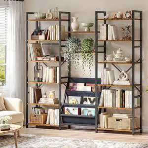 Triple Column 6 Tier Book Shelf with 14 Open Display Shelves and 3 Fabric Bags, Tall Bookcase for Home Office, Bedroom, Rustic Brown Triple Column 6 Tier Book Shelf with 14 Open Display Shelves and 3 Fabric Bags, Tall Bookcase for Home Office, Bedroom, Rustic Brown