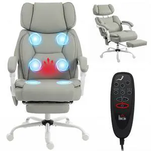 Massage Office Chair with Lumbar Heat, Ergonomic Executive Desk Chair with Adjustable Headrest, 6 Points Vibration, High Back, Reclining, Padded Armrests, Footrest, PU Leather, Light Gray Massage Office Chair with Lumbar Heat, Ergonomic Executive Desk Chair with Adjustable Headrest, 6 Points Vibration, High Back, Reclining, Padded Armrests, Footrest, PU Leather, Light Gray