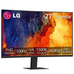 27 Inch Curved Monitor, VA Panel, Full HD (1920 x 1080) Display, 100Hz, HDR10, Dynamic Action Sync, sRGB 99%, USB Type-C 15W, HDMI, Anti-Glare, Tilt Adjustable Stand, Eye Comfort Mode, Black 27 Inch Curved Monitor, VA Panel, Full HD (1920 x 1080) Display, 100Hz, HDR10, Dynamic Action Sync, sRGB 99%, USB Type-C 15W, HDMI, Anti-Glare, Tilt Adjustable Stand, Eye Comfort Mode, Black