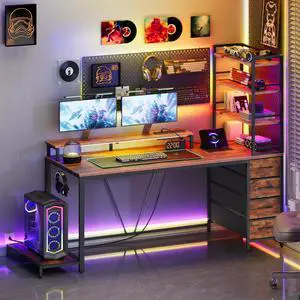 Computer Desk with Shelves and Drawers, 43.3 Inch Gaming Desk with Charging Station and LED Lights, Desk Workstation with Monitor Stand and Storage for Home Office, Rustic Brown Computer Desk with Shelves and Drawers, 43.3 Inch Gaming Desk with Charging Station and LED Lights, Desk Workstation with Monitor Stand and Storage for Home Office, Rustic Brown