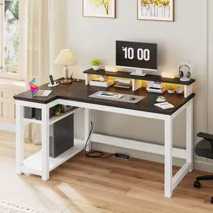 Farmhouse L Shaped Computer Desk with Shelves,Office Desk with Power Outlets & LED Lights,47" Desks with Long Monitor Stand for Bedroom,Study Writing Desks for Home Office Work White Farmhouse L Shaped Computer Desk with Shelves,Office Desk with Power Outlets & LED Lights,47" Desks with Long Monitor Stand for Bedroom,Study Writing Desks for Home Office Work White