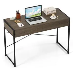 Computer Desk with 2 Drawers, 44 Inch Home Office Desk with Metal Frame & Anti-Toppling Device, Modern Writing Desk Study Desk, Compact Laptop PC Desk for Small Space (Grey) Computer Desk with 2 Drawers, 44 Inch Home Office Desk with Metal Frame & Anti-Toppling Device, Modern Writing Desk Study Desk, Compact Laptop PC Desk for Small Space (Grey)