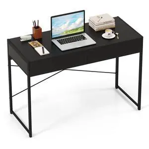 Computer Desk with 2 Drawers, 44 Inch Home Office Desk with Metal Frame & Anti-Toppling Device, Modern Writing Desk Study Desk, Compact Laptop PC Desk for Small Space (Black) Computer Desk with 2 Drawers, 44 Inch Home Office Desk with Metal Frame & Anti-Toppling Device, Modern Writing Desk Study Desk, Compact Laptop PC Desk for Small Space (Black)