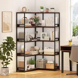 5-Tier Corner Bookshelf, 71" L-Shaped Bookcase, Tall Etagere Bookshelf with Metal Frame, Industrial Open Display Shelf, Vertical Storage Rack for Living Room, Study, Office (Walnut) 5-Tier Corner Bookshelf, 71" L-Shaped Bookcase, Tall Etagere Bookshelf with Metal Frame, Industrial Open Display Shelf, Vertical Storage Rack for Living Room, Study, Office (Walnut)