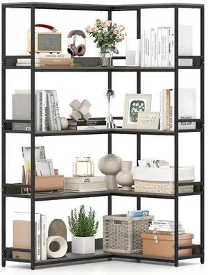 5-Tier Corner Bookshelf, 71" L-Shaped Bookcase, Tall Etagere Bookshelf with Metal Frame, Industrial Open Display Shelf, Vertical Storage Rack for Living Room, Study, Office (Oak) 5-Tier Corner Bookshelf, 71" L-Shaped Bookcase, Tall Etagere Bookshelf with Metal Frame, Industrial Open Display Shelf, Vertical Storage Rack for Living Room, Study, Office (Oak)