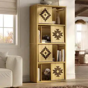 Bookcase & Bookshelf with Movable Bookends, 4-Tier Open Storage Shelves, Beveled Gliding Doors, Large Wooden Display Cabinet for Living Room, Home Office, Bedroom, Natural Oak Bookcase & Bookshelf with Movable Bookends, 4-Tier Open Storage Shelves, Beveled Gliding Doors, Large Wooden Display Cabinet for Living Room, Home Office, Bedroom, Natural Oak