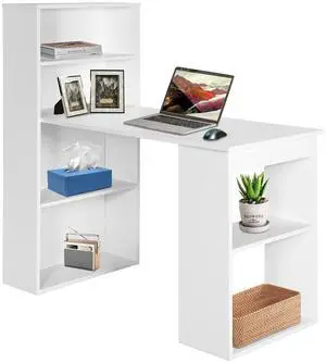 White Computer Desk with Shelves, 48 Study Writing Desk with 6-Tier Storage Shelves, Reversible Study Workstation w/Wide Base for Home, Office & Dorm, Easy Assembly White Computer Desk with Shelves, 48 Study Writing Desk with 6-Tier Storage Shelves, Reversible Study Workstation w/Wide Base for Home, Office & Dorm, Easy Assembly