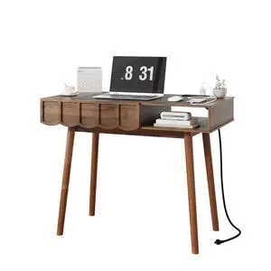 Mid Century Modern Desk, Modern Home Office Writing Desk with Open Storage Cubby and Small Drawer for Bedroom, Small Space, Walnut Mid Century Modern Desk, Modern Home Office Writing Desk with Open Storage Cubby and Small Drawer for Bedroom, Small Space, Walnut