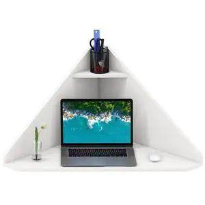 Corner Floating Desk, Wall Mounted Computer Desk with Storage Shelf, Space-Saving Writing Desk, Triangle Laptop Desk for Living Room, Study, Bedroom, Home Office & Small Spaces (White) Corner Floating Desk, Wall Mounted Computer Desk with Storage Shelf, Space-Saving Writing Desk, Triangle Laptop Desk for Living Room, Study, Bedroom, Home Office & Small Spaces (White)