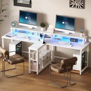 Two Person Desk with LED Lights & Power Outlet, 83.7" Extra Long Computer Desk with Monitor Stand & Storage Shelves, Double Study Work Writing Desk Workstation for Home Office, White Two Person Desk with LED Lights & Power Outlet, 83.7" Extra Long Computer Desk with Monitor Stand & Storage Shelves, Double Study Work Writing Desk Workstation for Home Office, White
